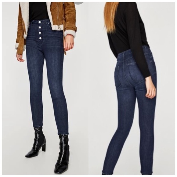 Zara Dark Wash High-Waisted Button-Fly Skinny Jeans Size 4 - Picture 1 of 13